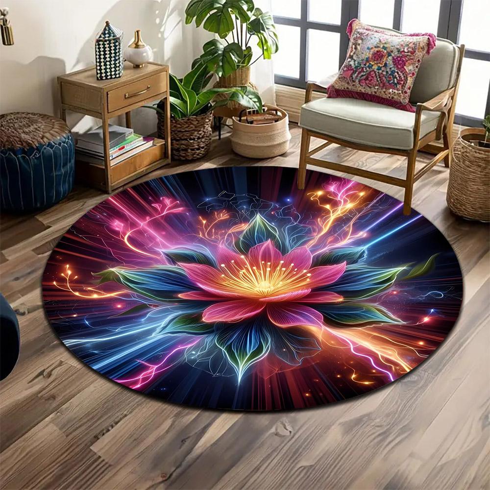 Glowing Neon Lotus Blossom Print round rug, living room, bedroom, playroom carpet, non slip floor mat, gift