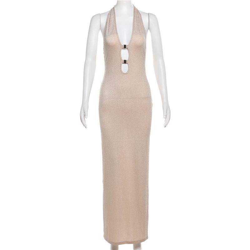 

Fashion Style Ins New Arrival Fashion Sexy Adult Lady like Woman Style V Neck Lace-up Halterneck Long Dress Sexy Backless Slim Fit Dress Khaki L