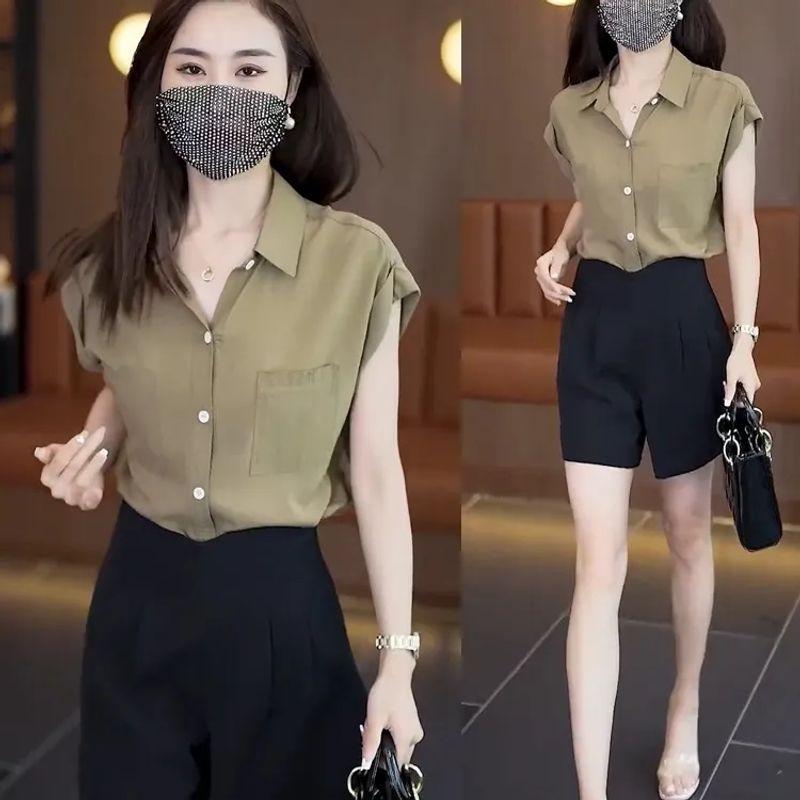 

Fashion Elegant Chiffon Blouse Women s Summer 2025 New Arrival Loose Slim Looking Business Shirt Western Style Blouse Top Khaki XXS