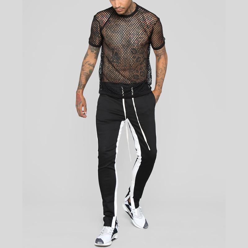 

AT342 Мужская сетчатая футболка 2024 года, весна/лето — ажурная, с круглым вырезом, короткими рукавами, модная для больших размеров, 200 фунтов. L чёрный