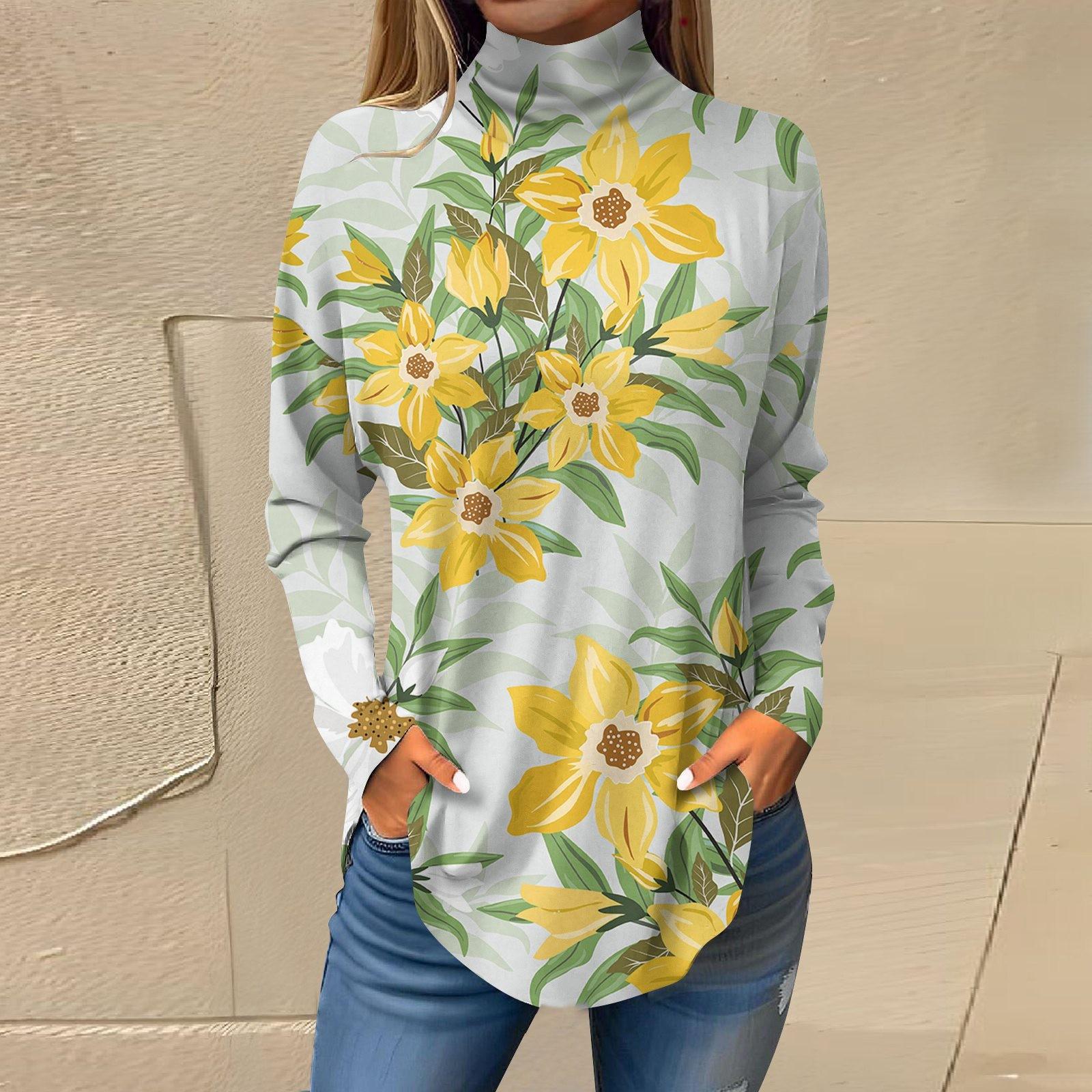 

Женская свободная футболка с высоким воротом и длинными рукавами с цветочным принтом в стиле ретро, топ-пуловер XXXL