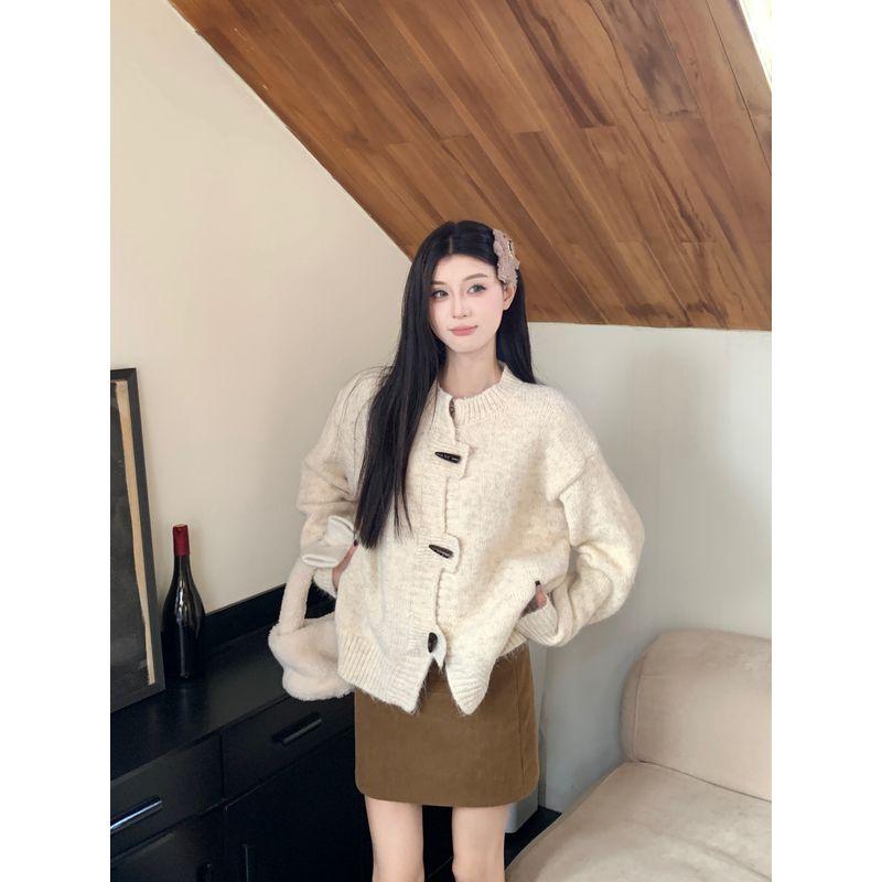 Kumikumi Gentle Style Solid Elegant Horn Buckle Long sleeve Knit cardigan Women clothes Autumn Loose All-Match Top