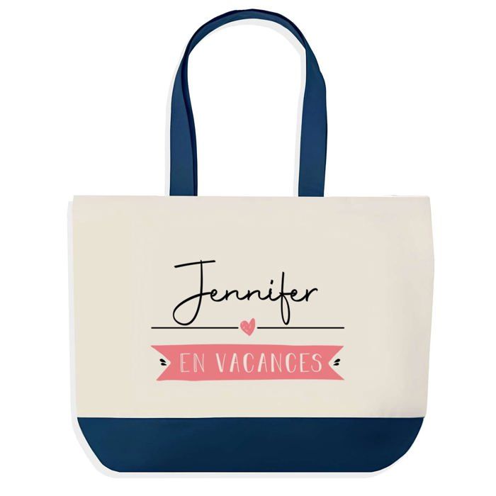 Sac shopping - PLANETEE - Jennifer en Vacances - fond bleu - coton 40x45 cm - poignées solides