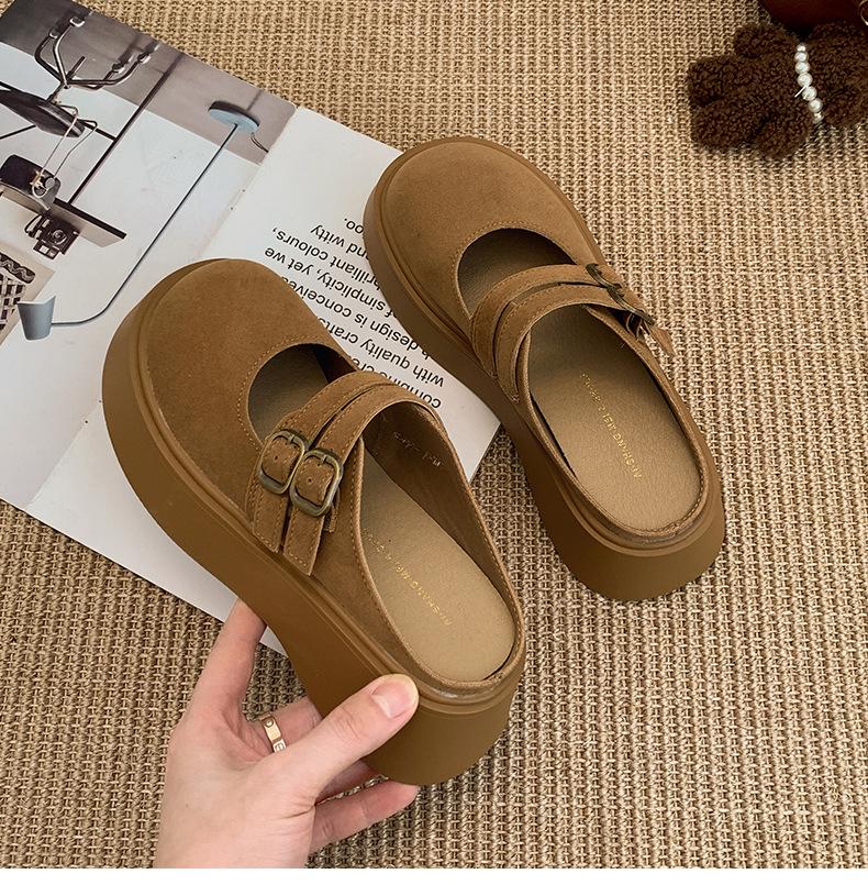 Versatile and Lightweight Retro Thick-bottomed Bag Head Slippers for Women's 2025 New Autumn and Winter Outer Wear To Increase the Height of Mary Jane