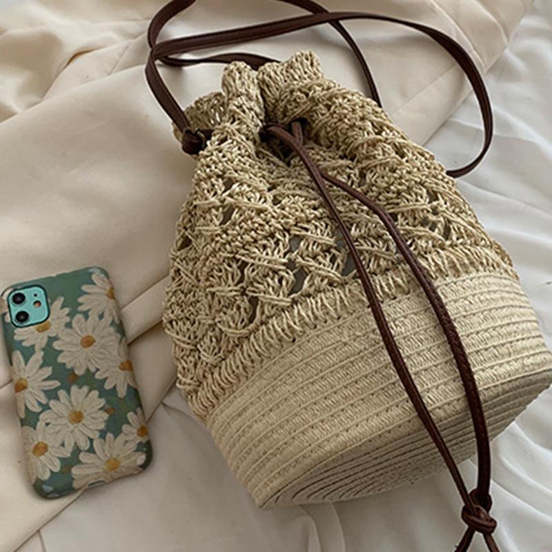 Geantă boemă Holliw din paie pentru femei, geantă găleată țesătă de vară, genți de plajă pentru femei, ocazional cu șnur.