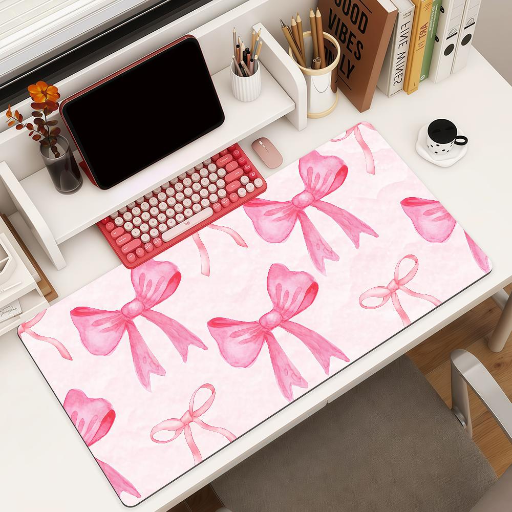 Pink Bow Mouse Pad Square Office Gaming Desk Mat Waterproof Nonslip Rubber Decorative