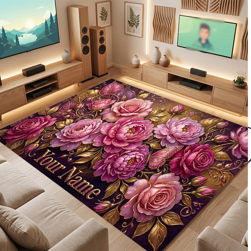 Floral Garden Theme Soft Crystal Velvet Rug Custom Name & Text Print Non Slip Floor Rug for Bedroom Living Room
