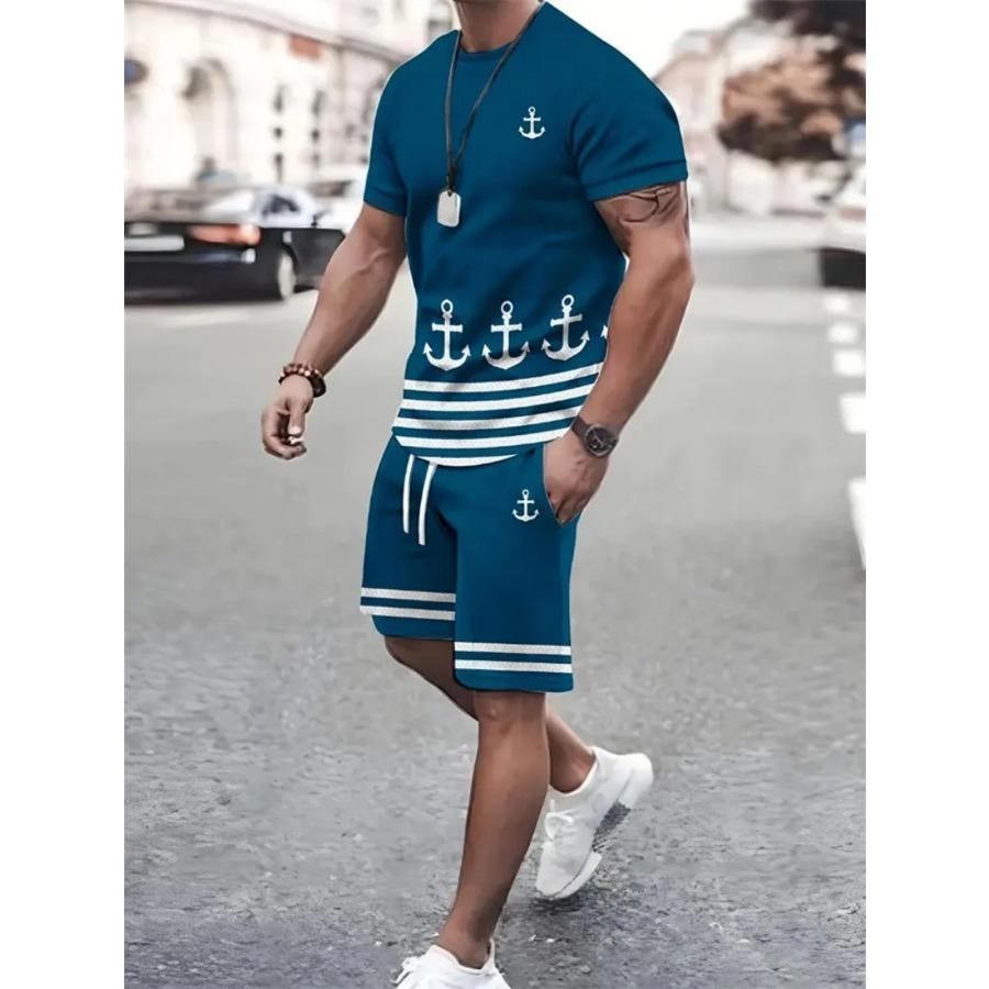 Summer Men's Sailor Short Sleeve Set Anchor Print Pattern Short Sleeve Shorts Set Men's Crew Neck T-Shirt and Drawstring Shorts