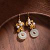 Light Luxury High-End Imitation Hetian Jade Earrings, Ancient Gold Safety Buckle, Chinese Style Earrings, Retro Temperament Hanfu Earrings.