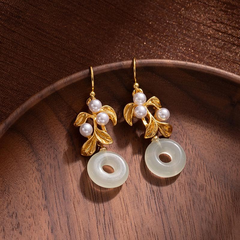 Light Luxury High-End Imitation Hetian Jade Earrings, Ancient Gold Safety Buckle, Chinese Style Earrings, Retro Temperament Hanfu Earrings.