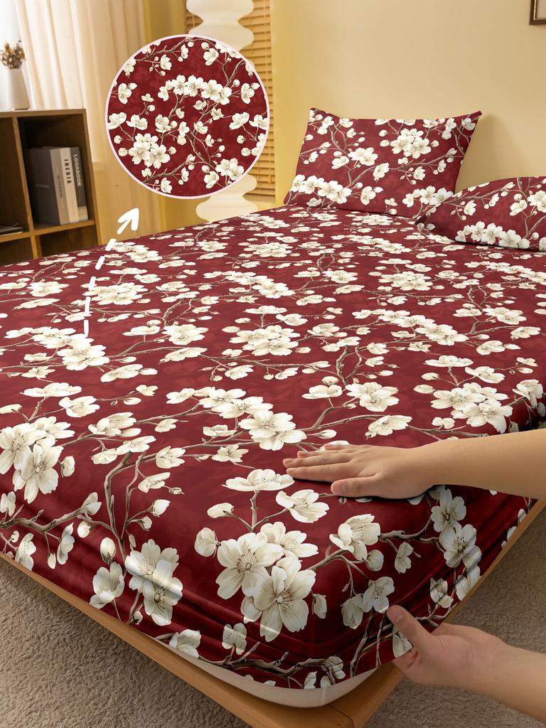 Simple 1 Modern Plant Flower Printed Matte Fitted Sheet, Bedroom Printed Bed Cover, Bedding Excluding Pillowcases