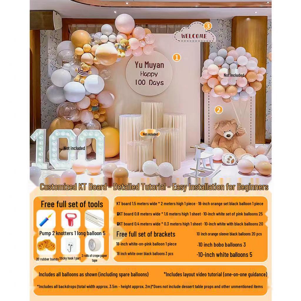 First Birthday & Hundred Days Celebration Backdrop with Balloons - Party Wall Decoration