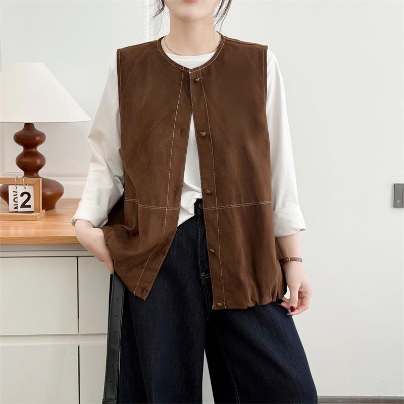 Plus Size Women's Suede Velvet Round Neck Cardigan Vest - Slimming, Versatile Spring Top