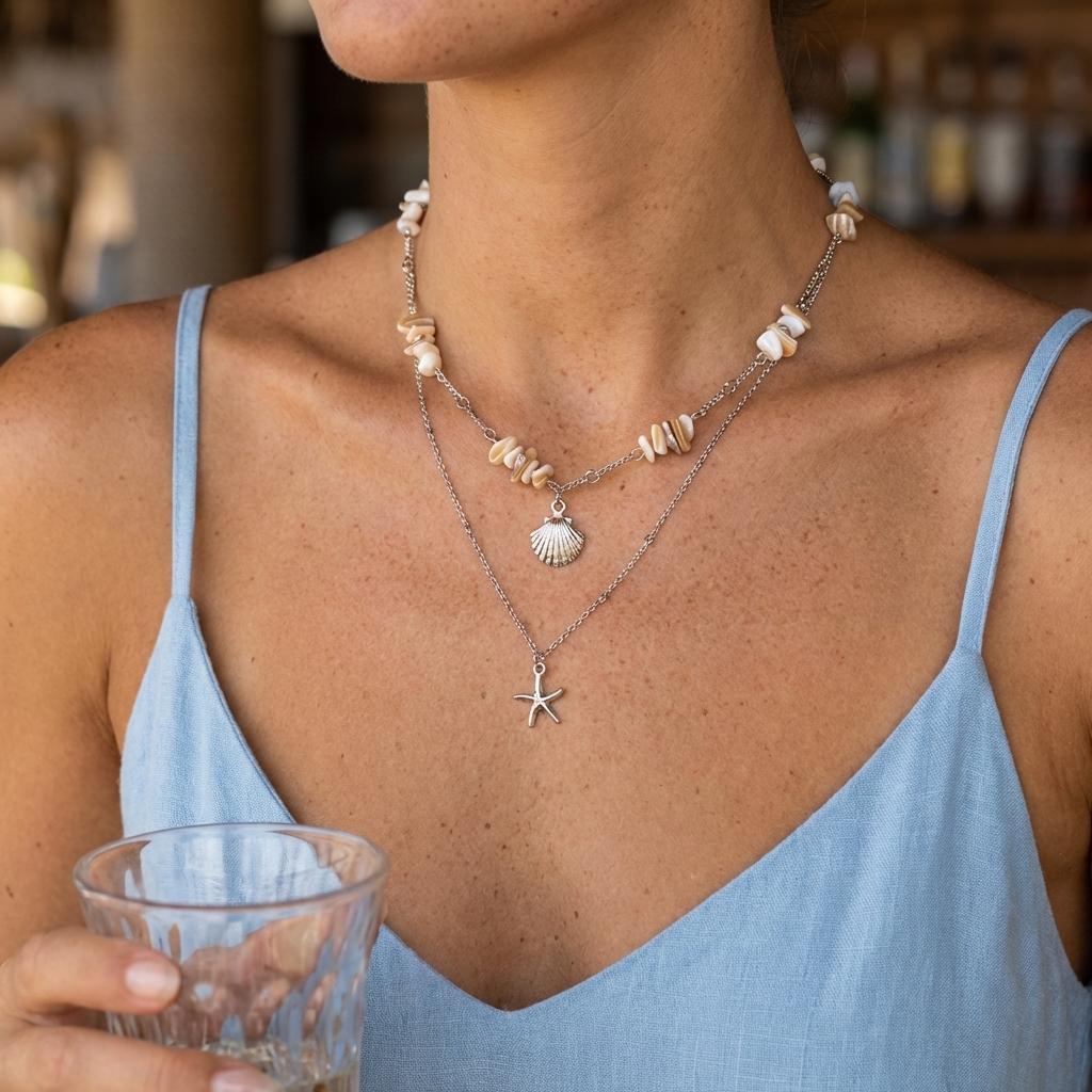 Boho Summer Vacation Layered Necklace for Women Mermaidcore Layered Starfish Shell Double Chain Summer Festival Beach Jewelry