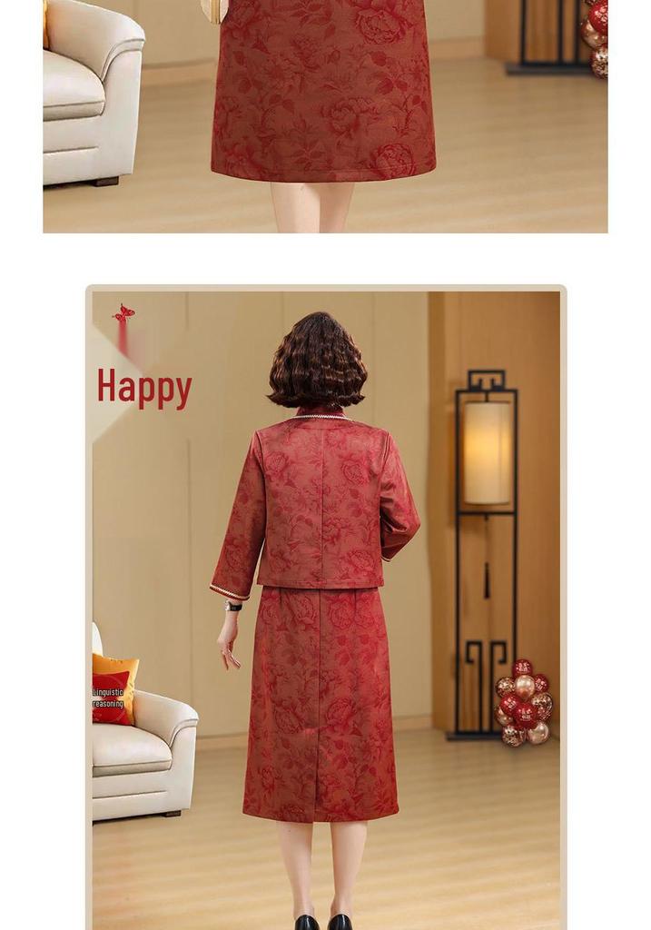 Spring/Autumn 2026 Mother-in-law Wedding Qipao - Elegant Two-Piece Medium Long Sleeve Dress