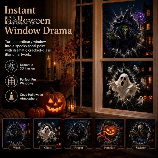 Ghost Witch Decals Halloween Window Decal, 3D Crack Glass Spooky Decoration, Pumpkin Skeleton Indoor Ornamentation Break in Stickers, Illusion Mirror