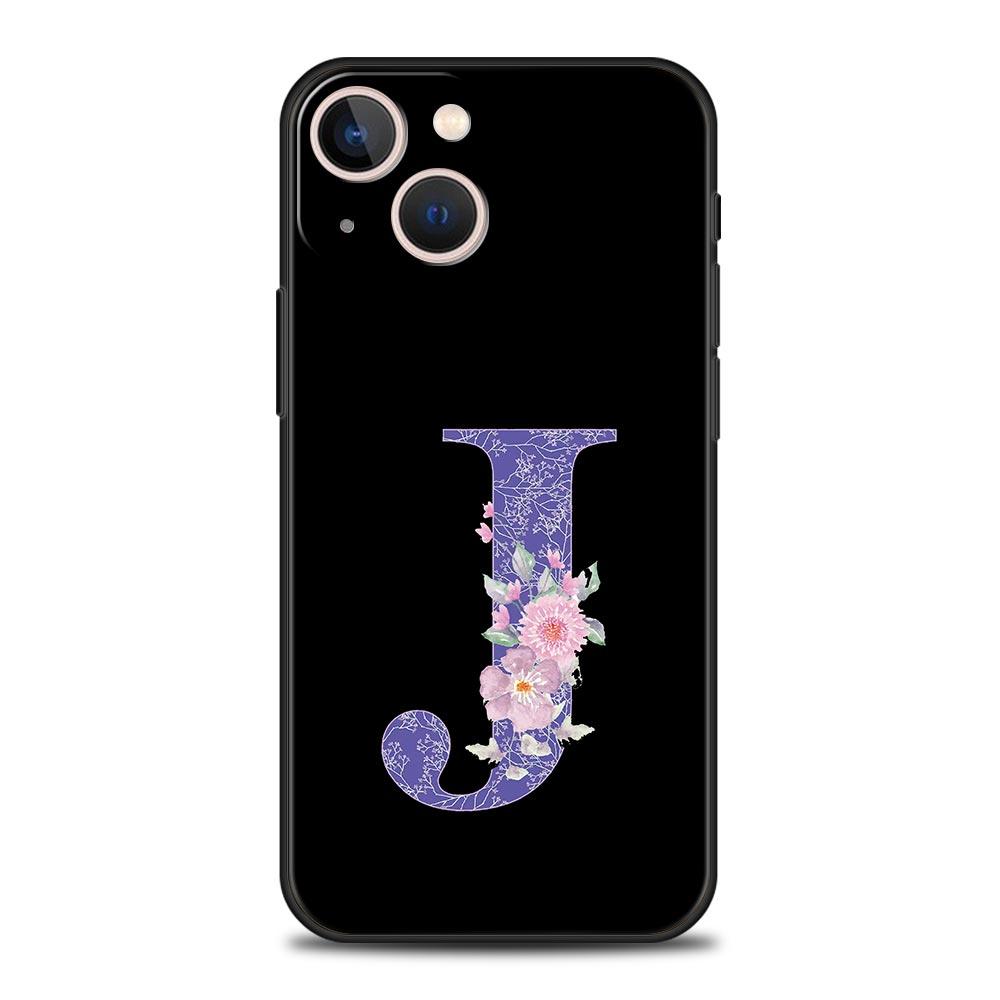 Letters Purple Flower Phone Case For iPhone 17 16 15 Pro Max 11 12 13 14 7 8 Plus SE 2020 X XR XS Cover Soft Black