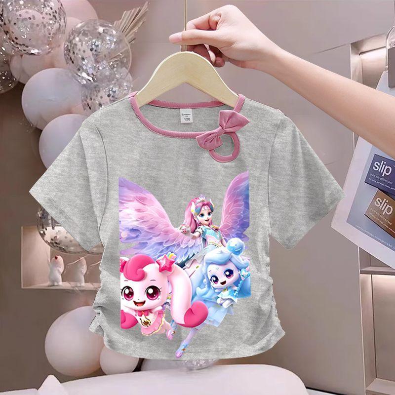 Girls' Cute Bowtie Top for Summer Children's Fashionable Round-neck Short-sleeved Pure Cotton T-shirt
