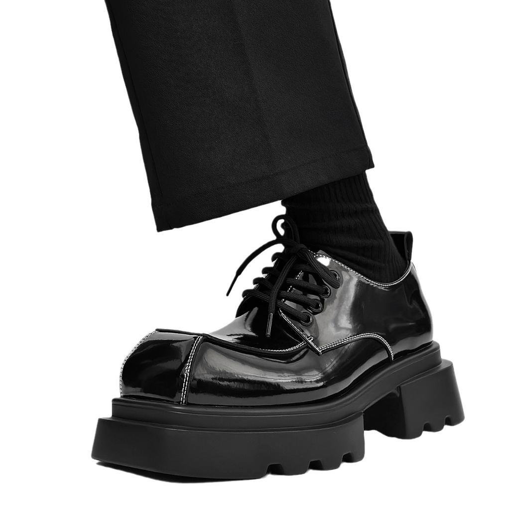 Men's Japan Karajuku Korean Style Fashion Glossy Streetwear Thick Platform Casual Black Leather Shoes Lace Up Sneakers Shoes