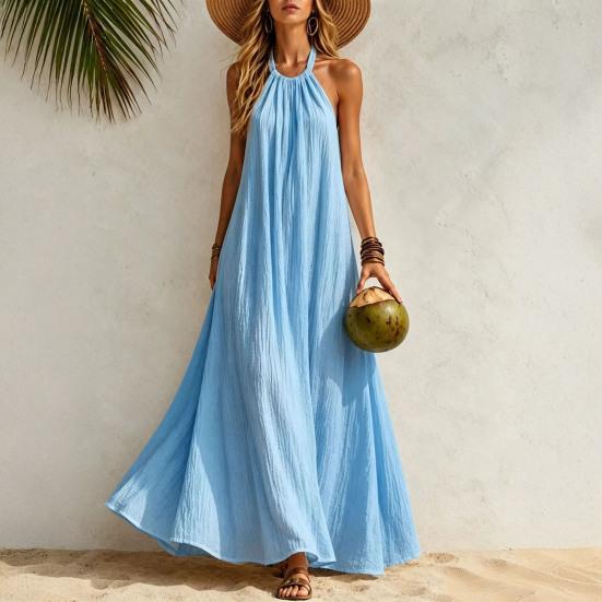 Rochie Maxi de Vară din In pentru Femei cu Gât Halter, Fără Mâneci, Linie A, Largă, Casual, Lungă, Rochie de Soare Floare pentru Plajă