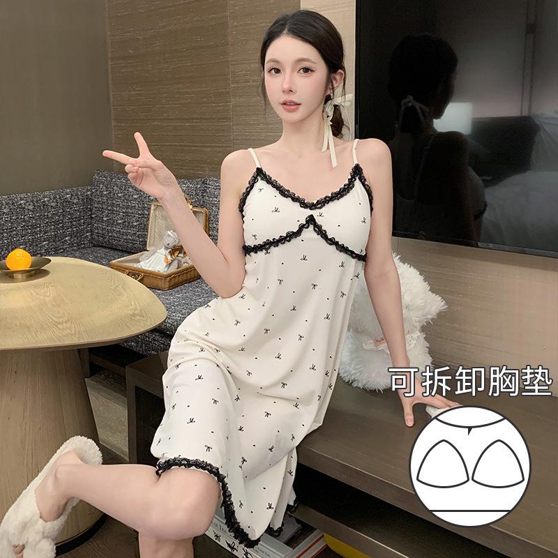 

Summer new Modal cotton bow printing suspender nightdress women s skin-friendly drape pajamas loungewear with chest pad L
