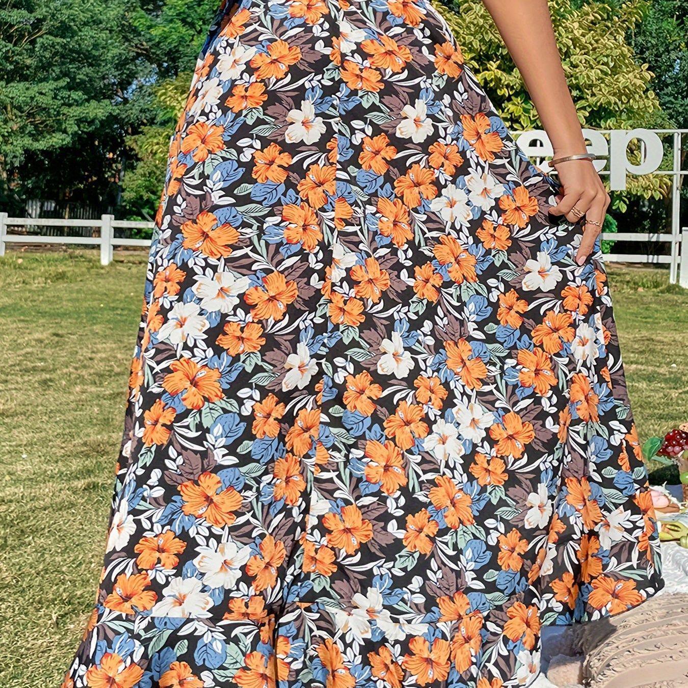 Plus Size Holiday Floral Ruffle Midi Skirt 4XL