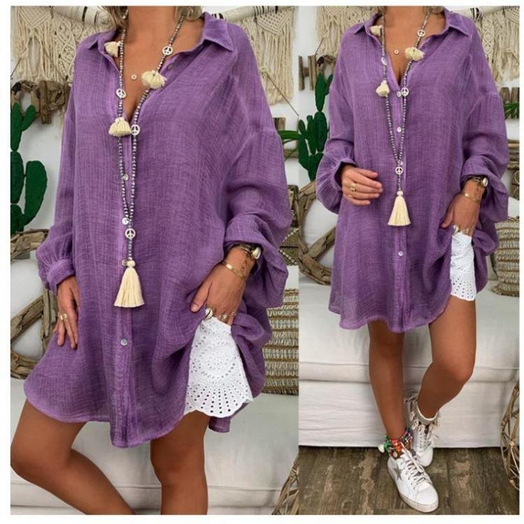 Loose Fit Cotton Linen Blouse Women Long Sleeve Shirt Solid Color Thin Spring Summer Large Size