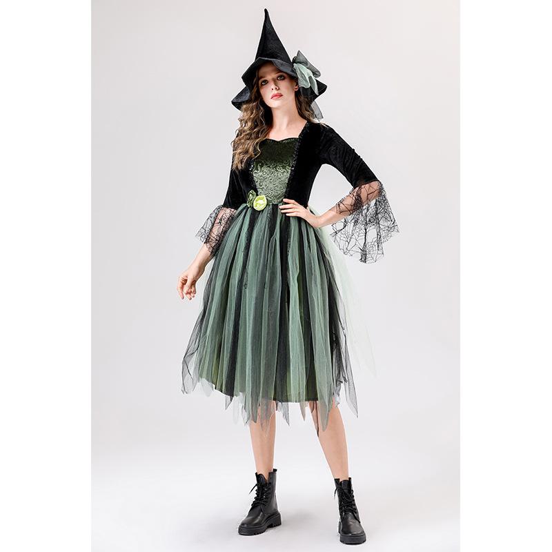 Cosplay Halloween Costume Adult Green Mesh Witch Dress, Camellia Spider Web Witch, Holiday Dress Stage Dress