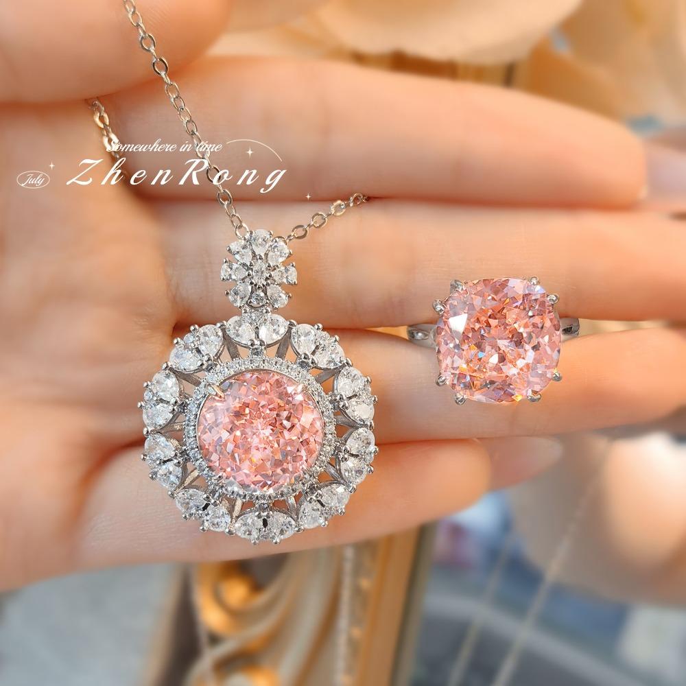 Women Jewelry Set Morganite Pendant with Micro Pavé High Carbon Diamond and Square Ice Cut Ring