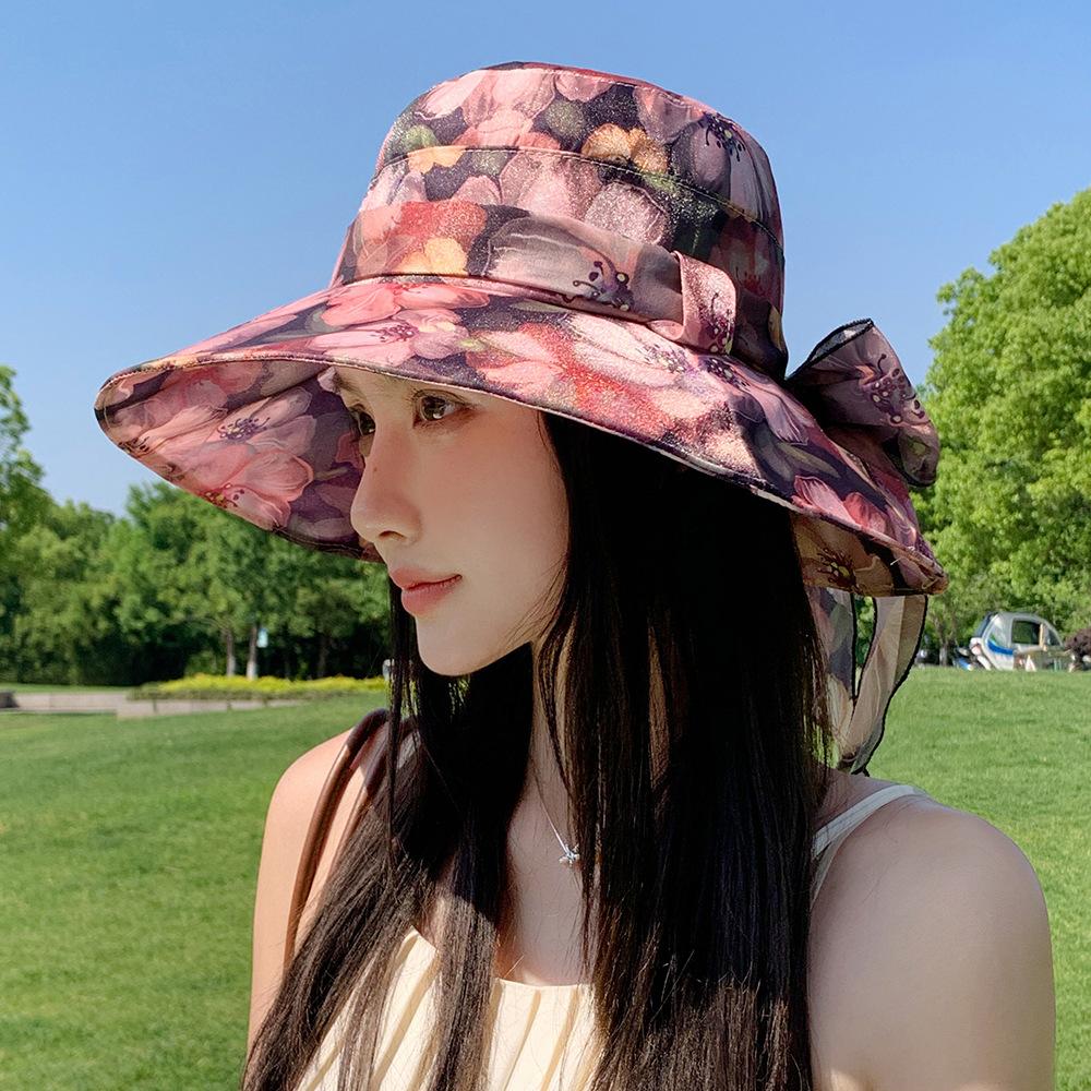 Summer Wide Brimmed Sun Hat Outdoor Sun Protection Fisherman Hat Printed Lace Up Sun Hat