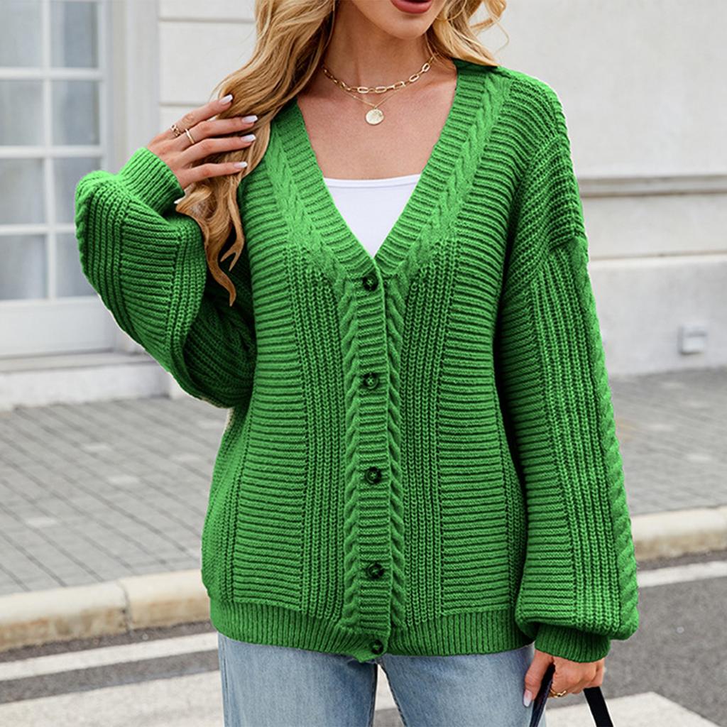 Women's Fashion Solid Color Long Sleeved V-neck Knitted Sweater Cardigan Jacket