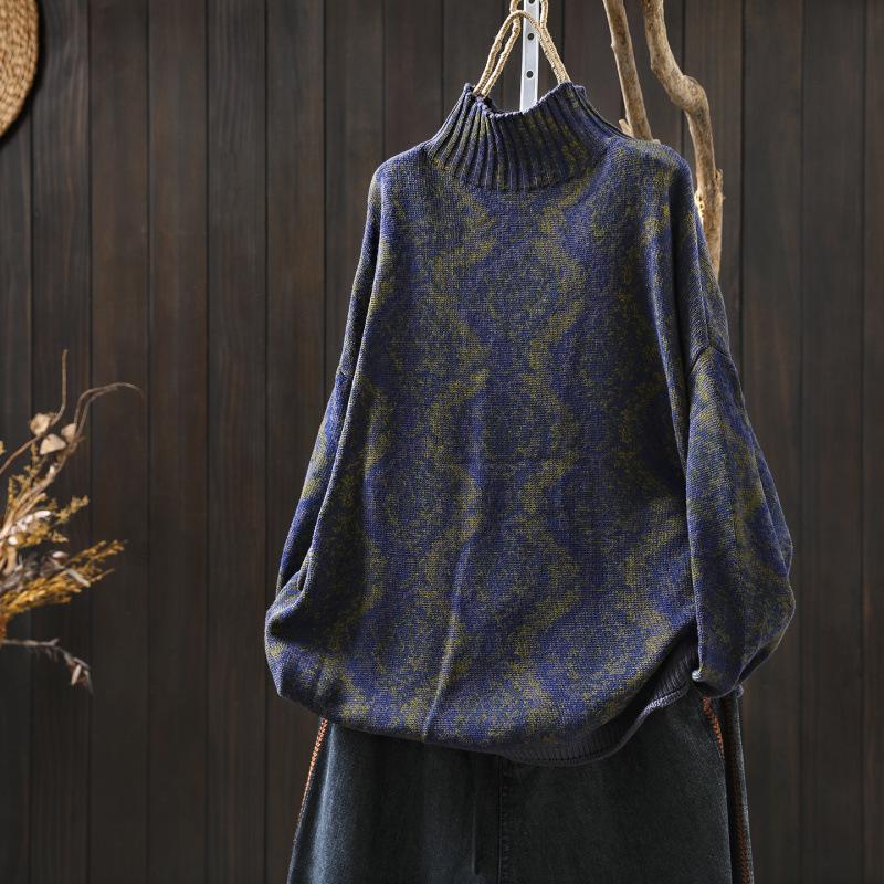 Vintage Ethno-Print Damen Halbhoher Kragen Übergröße Locker Gestrickter Pullover für Herbst/Winter