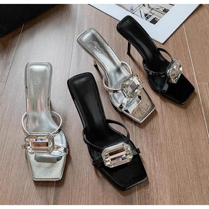 Crystal Luxury Thin High Heels Slippers Women Summer Open Toe Fashion Slides Female Diamonds Designer Party Dress Sandals Women