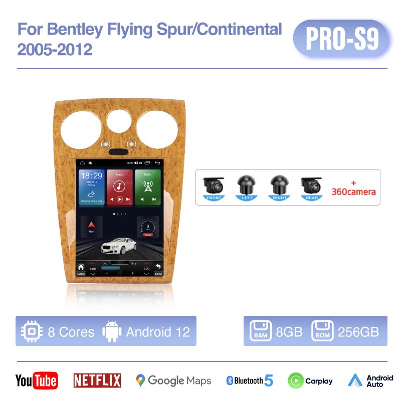 12.1Inch For Bentley Flying Spur/Continental 2005-2012 Android12 MediaCarPlayer GPS Navigation 8Core 8+256G CarPlay 4G 360Camera