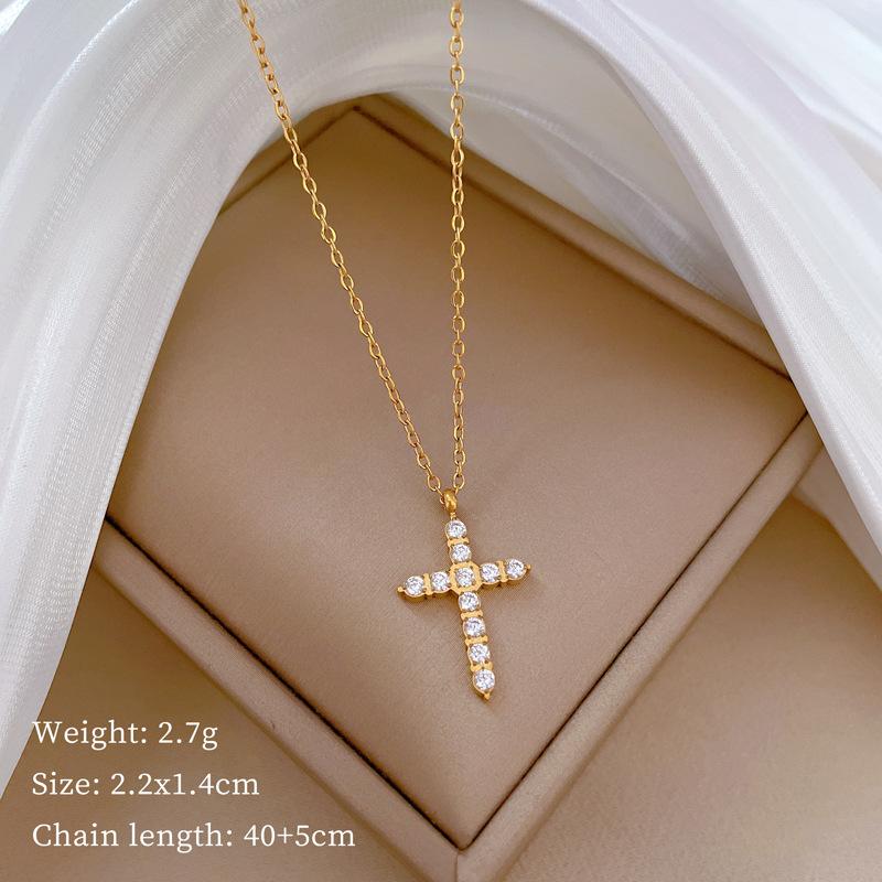 Полный бриллиантовый крест Темперамент Личность Минималистичный Печь Настоящее золото Ожерелье Женская цепочка на ключицу
