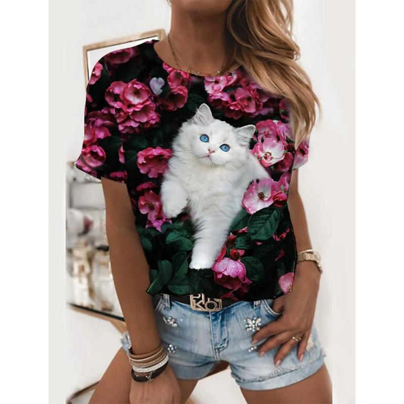 Sommer Rundhals 3D Katzenprint Top Modische Lässige Kurzarm Damen T-Shirts
