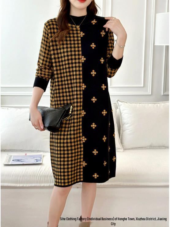 Women s French Retro Plaid Knit Dress – Spring/Autumn 2025 Long Sleeve Top One size чёрный