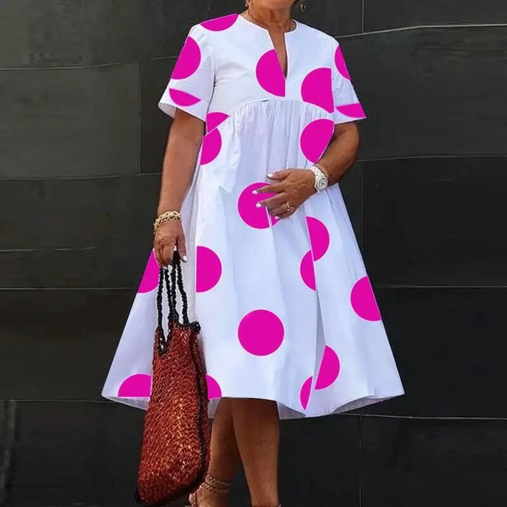 Damen Midi Hemdkleid Kurzarm Gepunktet Alltagstauglich Schlicht Weiblich A-Linien Kleider