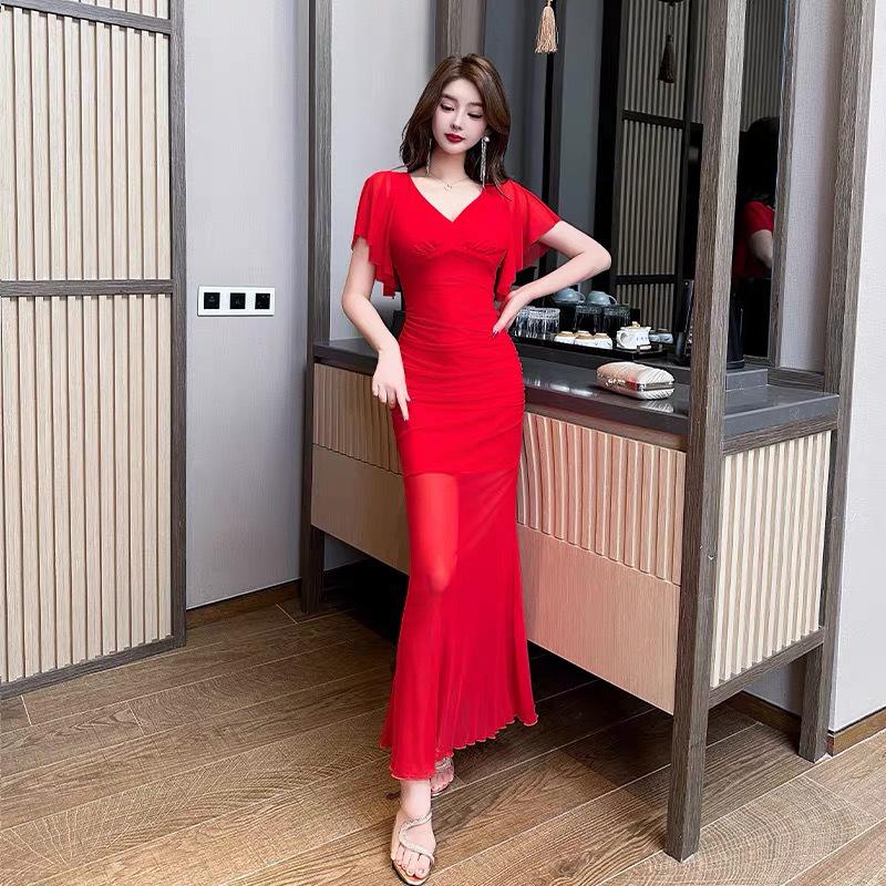 5577 Nightclub Technician Sexy Women's Mesh V-Neck Bodycon Dress, Short Sleeve Low-Cut Maxi.