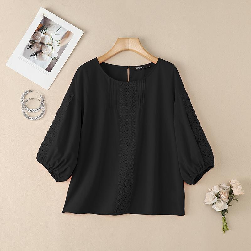 ZANZEA Women Casual Lace Crochet Splice Loose 3/4 Sleeve Blouse