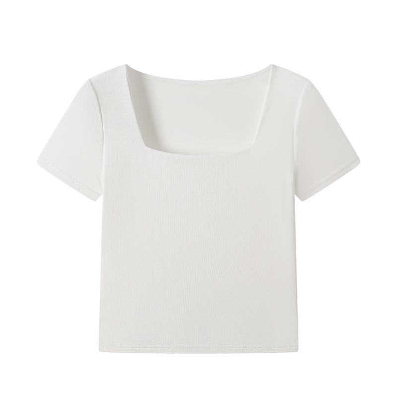Square Neck Slim Fit Short Sleeve White T-Shirt for Women - Spring/Summer New Style
