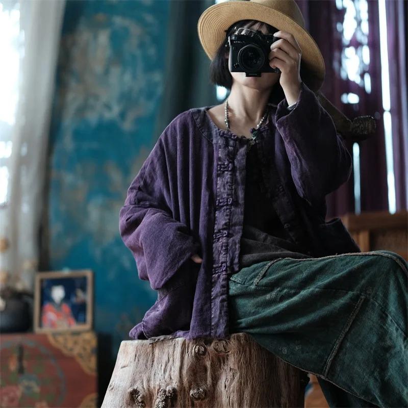 Johnature Vintage Women Purple O-Neck Long Sleeve Autumn Coats Button Patchwork Pockets Coats