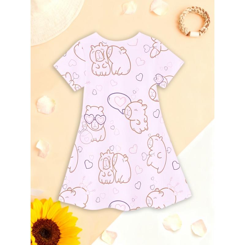 Girls' Summer Fashion Short-Sleeve Dress, 3D Cute Capybara Animal Print Casual Dress, Gift for Children,