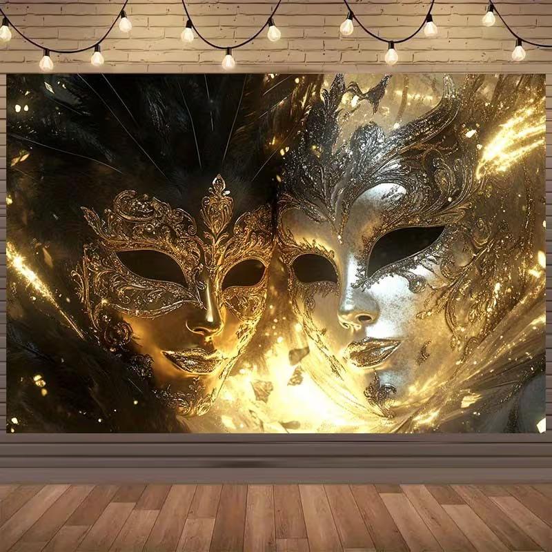 2D Venetian Mask Backdrop, Glitter Masquerade Ball Photography Background Decoration