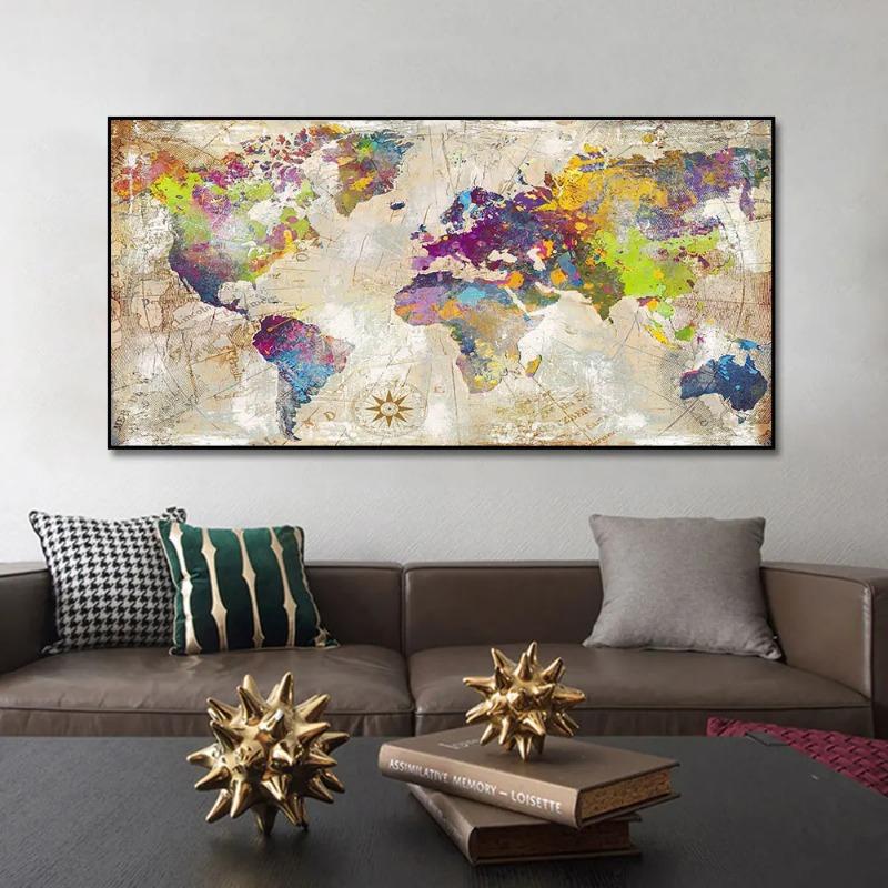 Goldene Weltkarte Bilder Poster und Drucke Wand Kunst Leinwand Gemälde für Wohnzimmer Dekoration Cuadros Home Decor Kein Rahmen