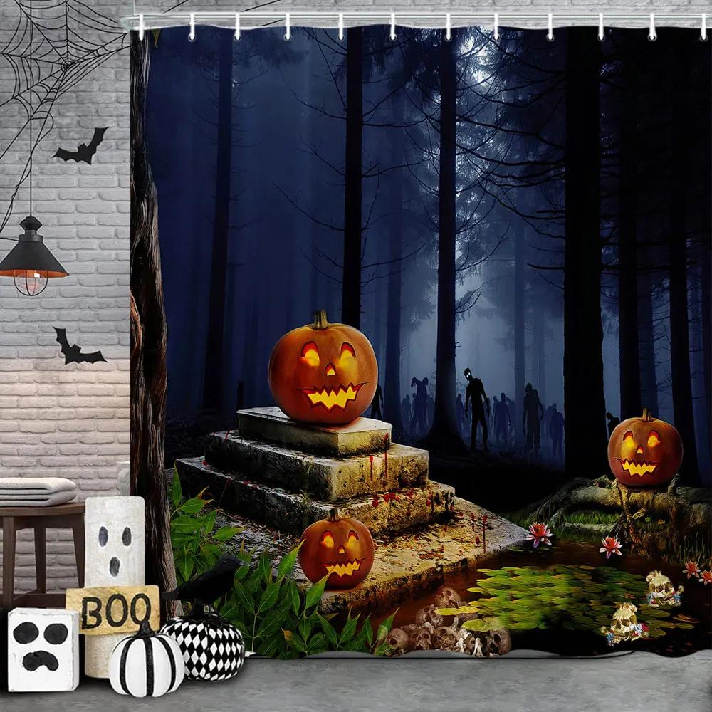 Bathroom Halloween Gnome Truck Shower Curtain Pumpkin Trick-or-Treaters Spooky Witch Spooky Skull Fabric Shower Curtain Festive