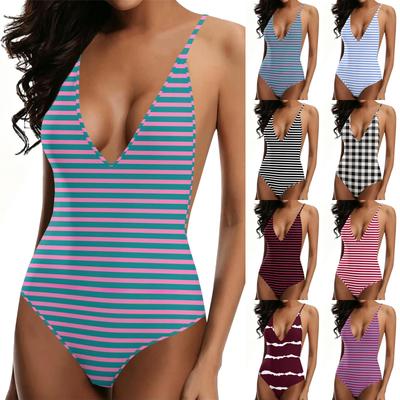 Swimsuit for Women Deep V Neck Striped Print Swimwear Adjustable Spaghetti Strap Backless Bathing Suit