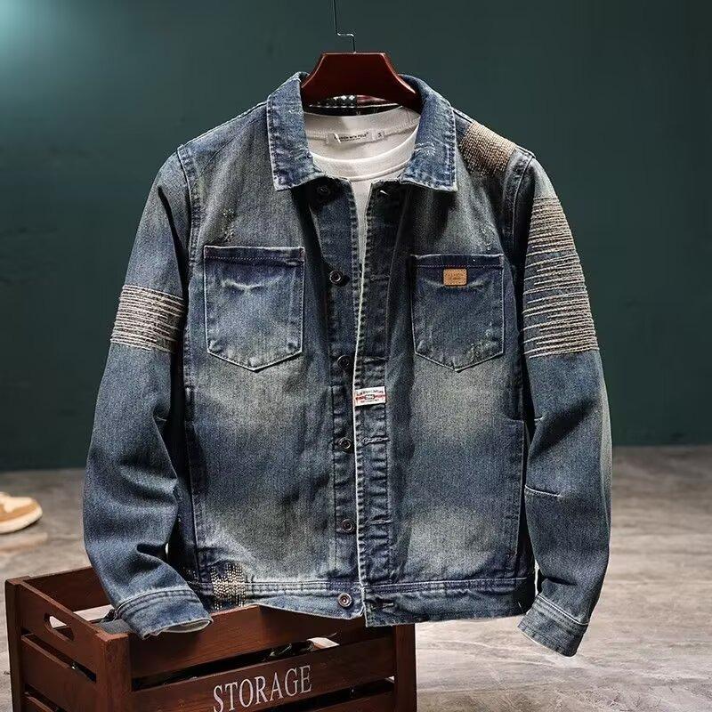 

Men s Washed Retro Denim Jacket - Embroidered American Workwear Style Medium