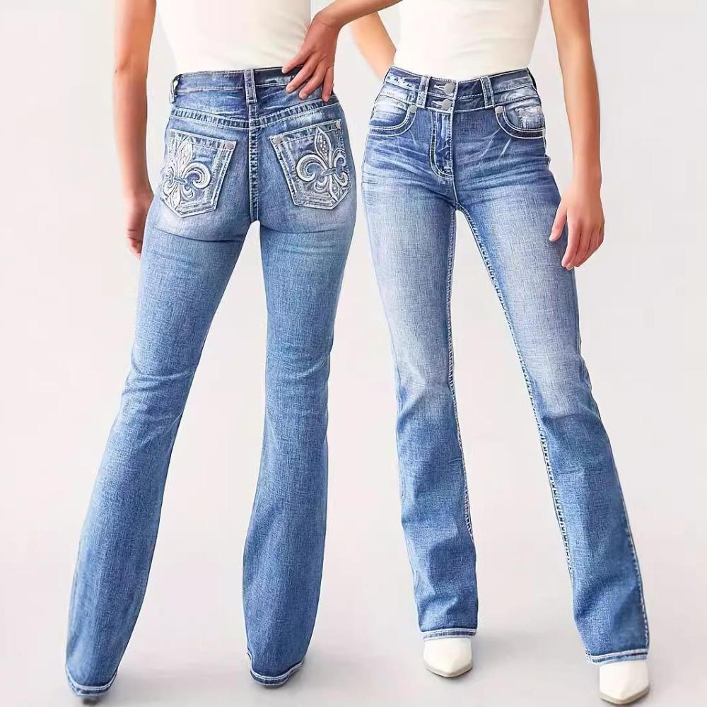 Women s High Waist Flare Jeans Slim Fit Embroidery Pocket High Stretch Long Denim Trousers S светло-синий