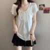 Chic Front Shoulder Straps, Super Good-looking Short-sleeved T-shirt, Summer White Thin Belly-covering Temperament Top